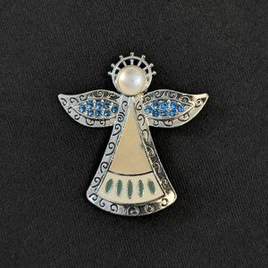 Angel Pin Brooch Moonglow Cab Blue Crystal Silver Tone Cream Enamel Glitter